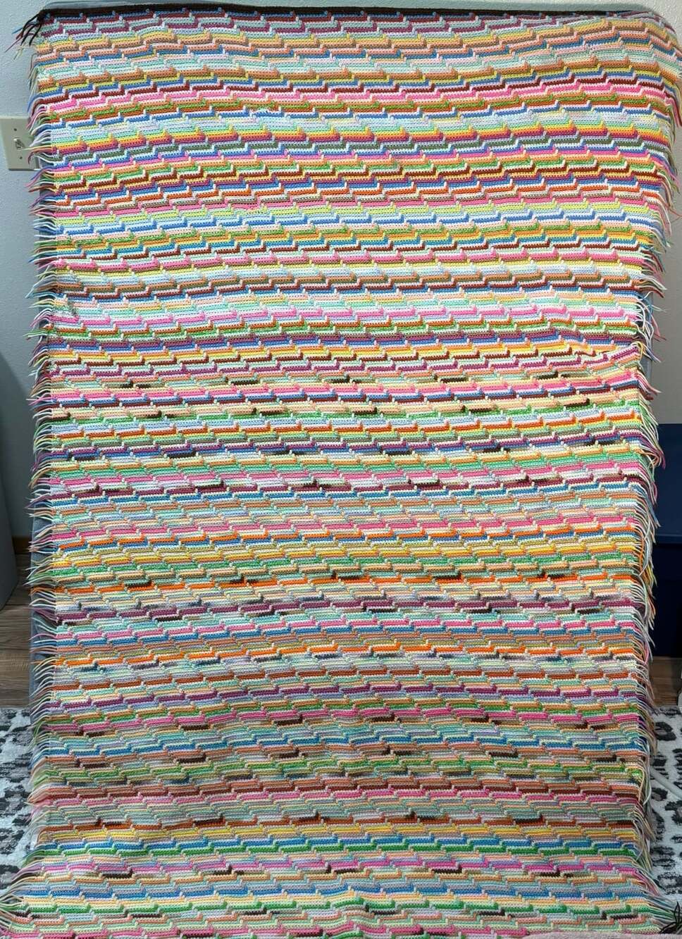 Large Vintage Handmade Crochet Afghan Blanket Apache Tears Multicolor Fringel